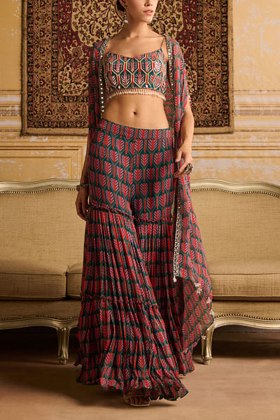 Teal arrow printed cape gharara set