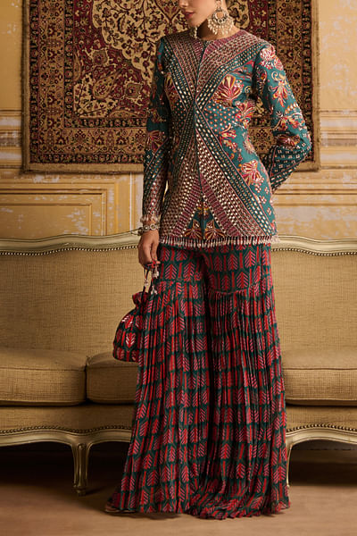 Teal arrow printed gharara jacket set