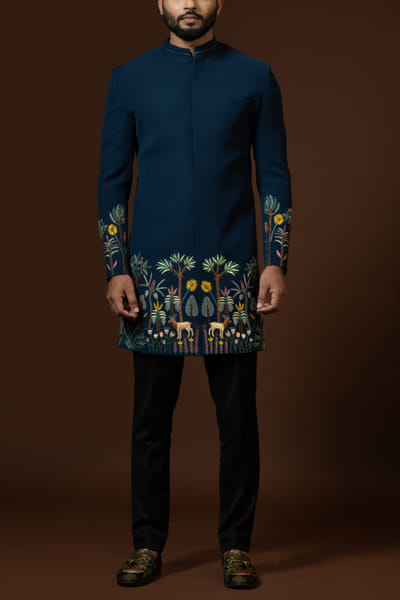 Teal blue embroidered achkan set