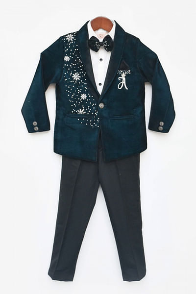 Teal blue embroidered coat set