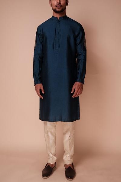 Teal blue embroidered kurta set