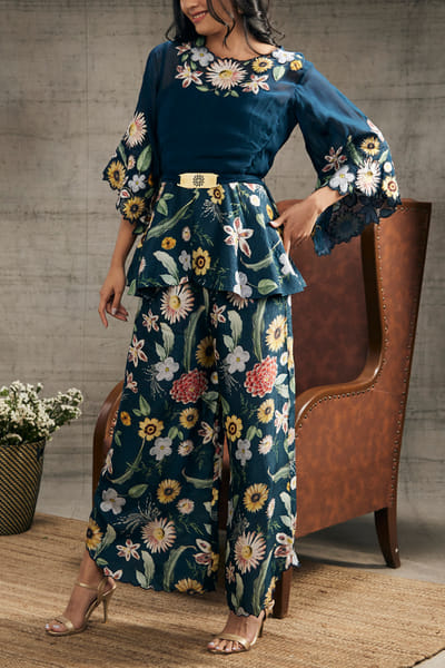 Soup by Sougat Paul Teal blue floral patchwork co-ords SSPJULFT2317