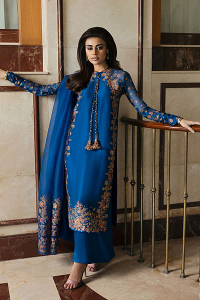 Teal blue floral screen printed kurta set