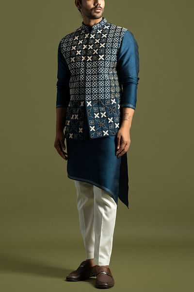 Teal blue geometric bead work Nehru jacket