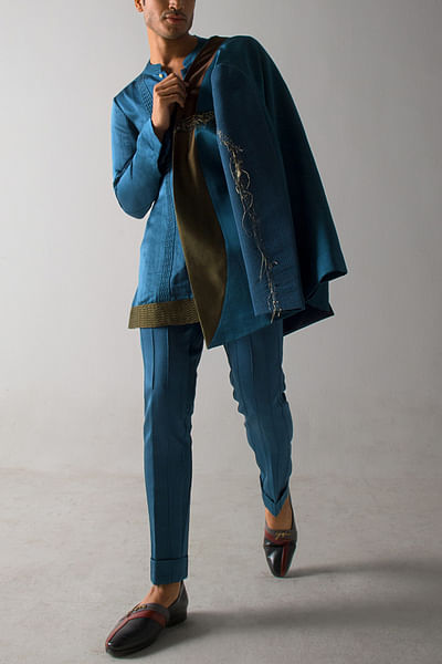 Teal blue hand embroidered guitar jacket