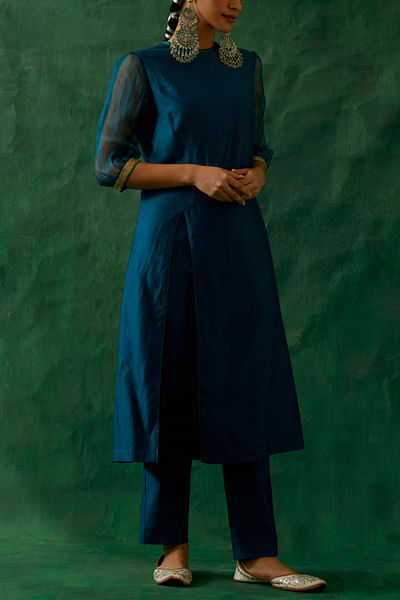 Teal blue high slit handwoven kurta set