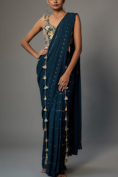 Teal blue mukaish work pre-stitched sari set