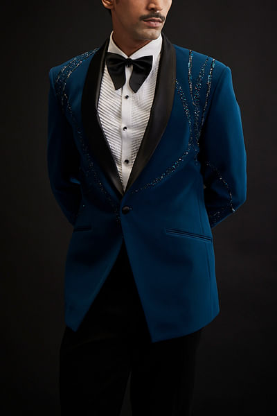 Teal blue sequin and pearl detailed tuxedo set