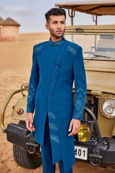 Teal blue sequin embroidery sherwani set