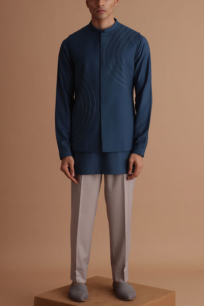 Teal blue stitch detail bandi kurta set