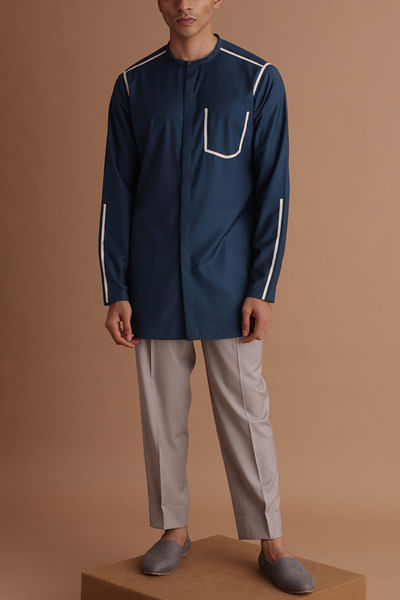 Teal blue tape detailed short kurta set