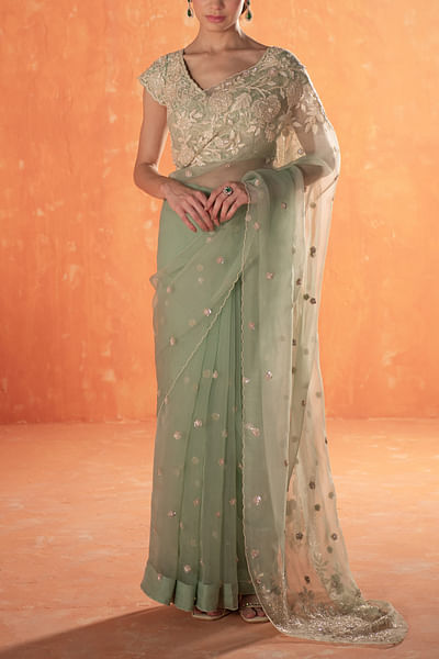 Teal floral and bird embroidery sari set