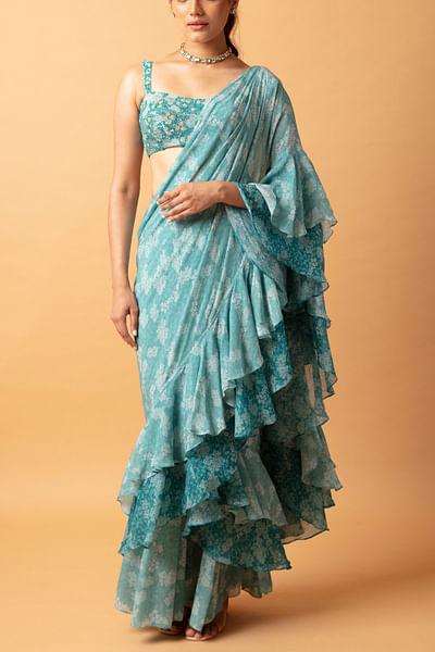 Teal floral embroidery pre-stitched saree set
