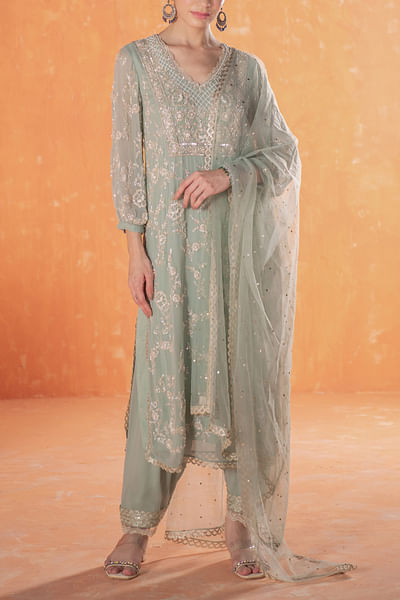 Teal floral pearl embroidery kurta set