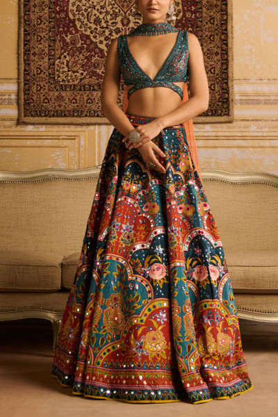 Teal floral print lehenga set