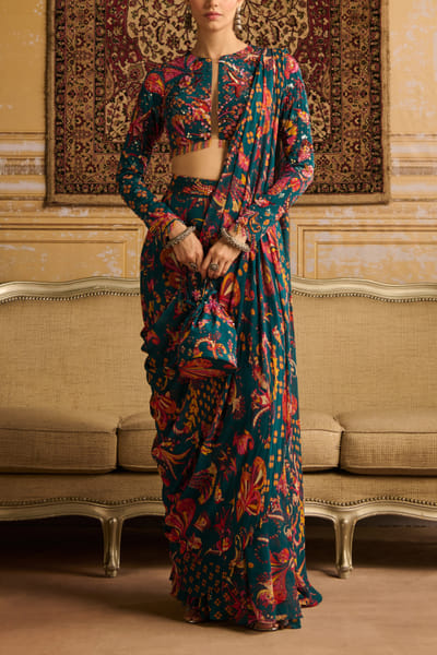 DiyaRajvvir Teal floral print skirt sari set DIYNOV24D220
