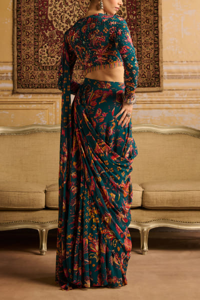 DiyaRajvvir Teal floral print skirt sari set DIYNOV24D220