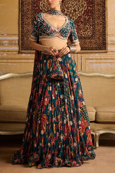 Teal floral printed lehenga set