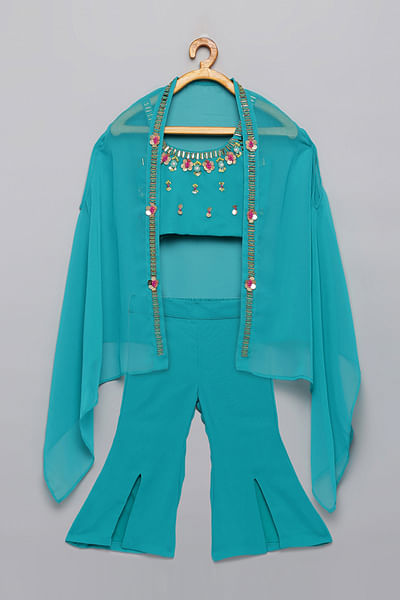 Teal floral sequin work cape set and belt bag