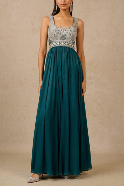 Teal geometric embroidery jumpsuit