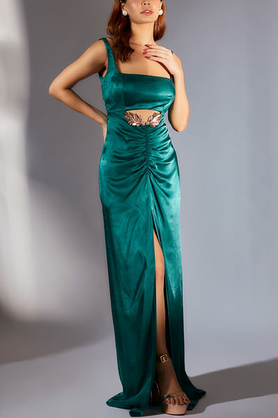 Teal green 3D embroidery cutout dress