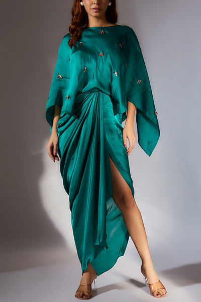 Teal green 3D embroidery draped dress