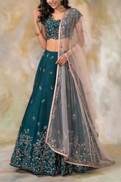 Teal green floral embroidery lehenga set
