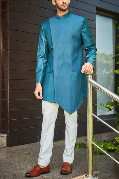 Bohame Teal green pintuck jacket set BHMOCT23FES015