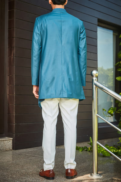 Bohame Teal green pintuck jacket set BHMOCT23FES015