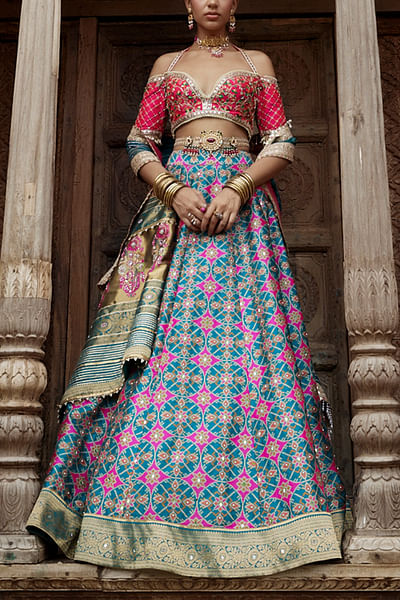 Teal green zari and pearl detailed patola jamawar jacket lehenga set