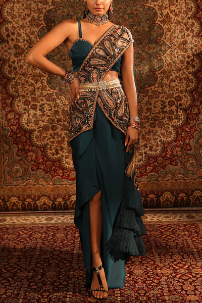 Teal jamawar pre-draped sari and belt set