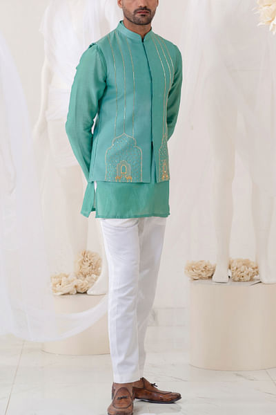 Teal motif embroidery bandi kurta set