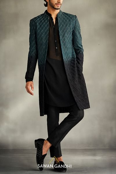 Teal ombre cutdana embellished sherwani set