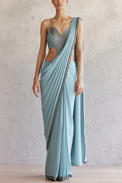 Teal sequin detail bodysuit saree gown