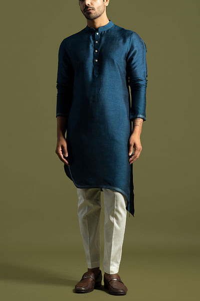 Teal stitch line detail asymmetrical kurta set