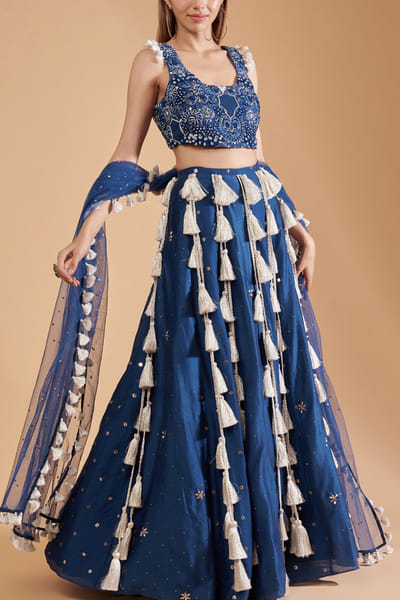 Teal tasselled lehenga set