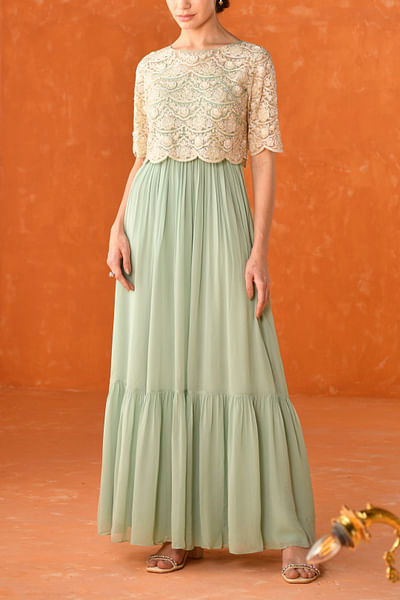Teal tiered dress and embroidered crop top