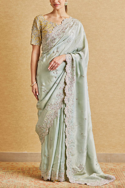 Teal zardozi and aari embroidered sari set