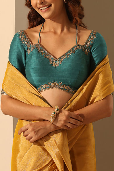 Teal zari embroidery tie-up blouse