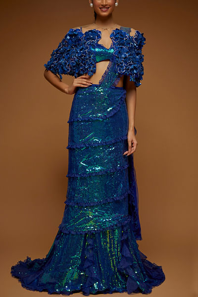 Tiffany 3D floral conceptual draped cape sari set