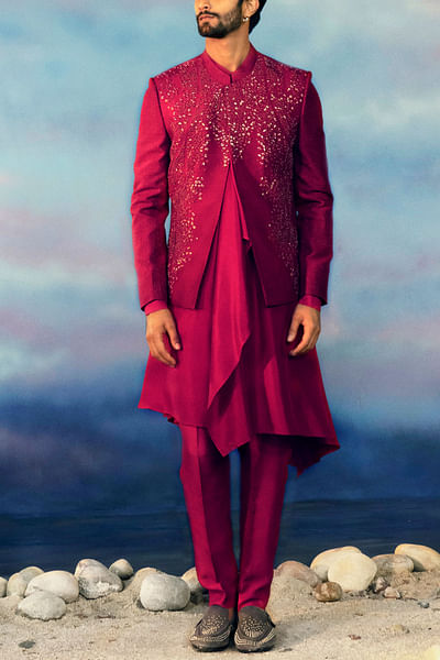 Tomato red embellished short bandhgala set
