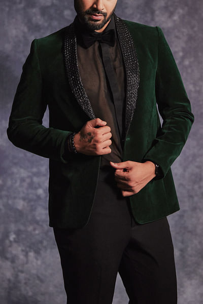 Topaz green bead embroidery velvet blazer set