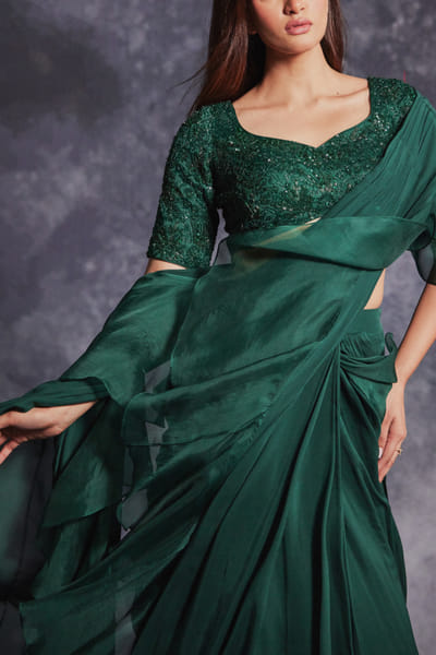 Varun Chakkilam Topaz green pre-draped ruffle sari set VACNOV23IL25