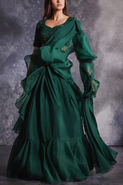 Varun Chakkilam Topaz green pre-draped ruffle sari set VACNOV23IL25
