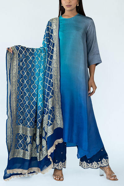 Turquoise and grey ombre asymmetric kurta set