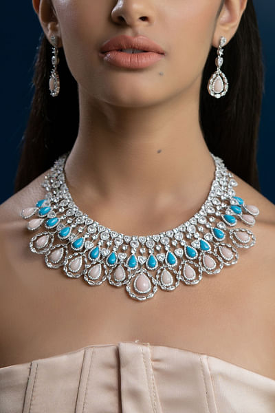 Turquoise and pink opal embellished necklace set