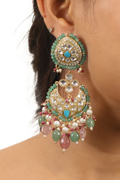 Riana Jewellery Turquoise and sea green jadtar and semi-precious stone studded earrings RJEJUN23D213