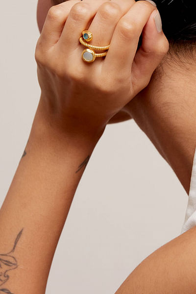 Turquoise and white pearl and topaz coil ring