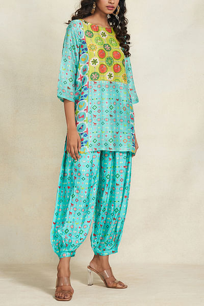 Turquoise animal and geometric print salwar pants