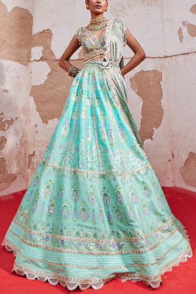 Turquoise banarasi woven lehenga set